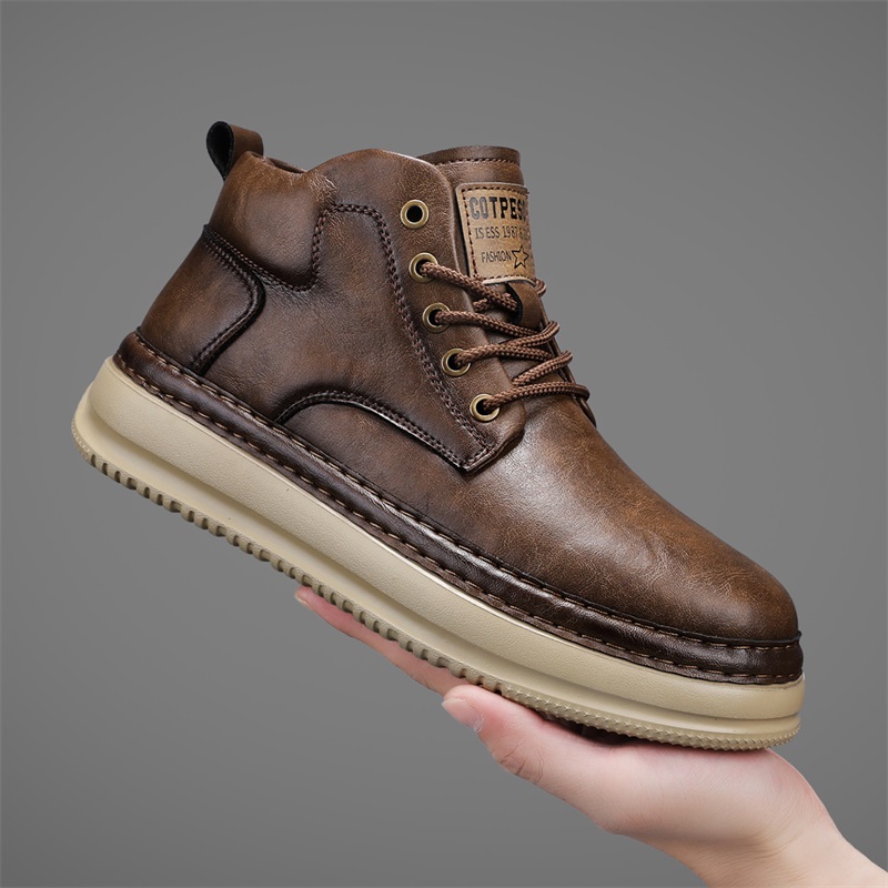 Outdoor Lighting Black - Men's Handmade Retro High-Top Casual Shoes,